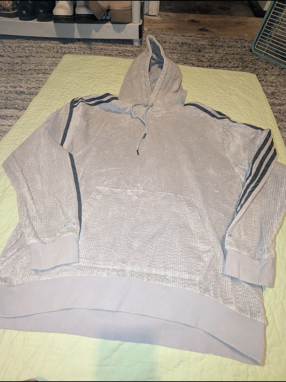 adidas Light Gray Hooded Zip Sweater with Black Sleeve Stripes